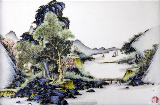 Two Chinese famille rose porcelain landscape plaques, Republic period,